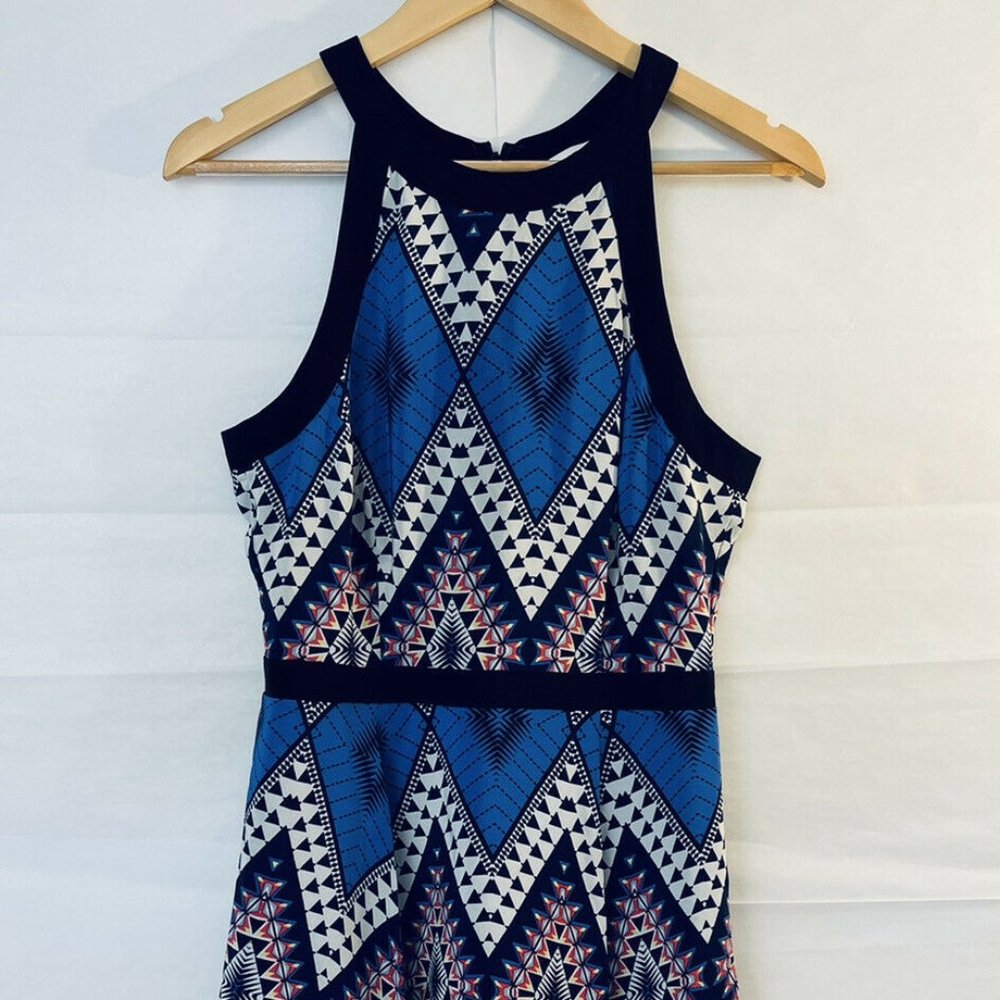 Yumi Kim 100% Silk Dress Size M Sleeveless Geometric Pattern Back Zip Blue